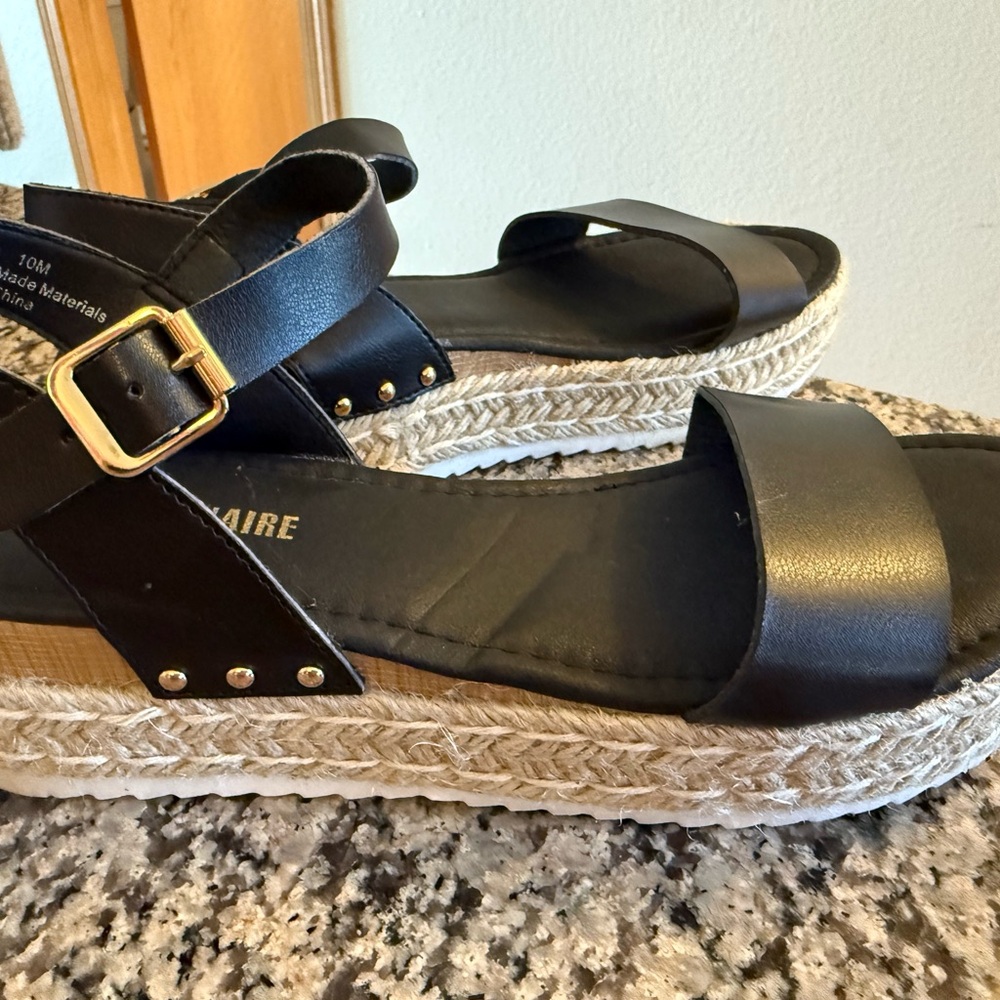 Black Espadrille Platform Sandals with Gold Buckle